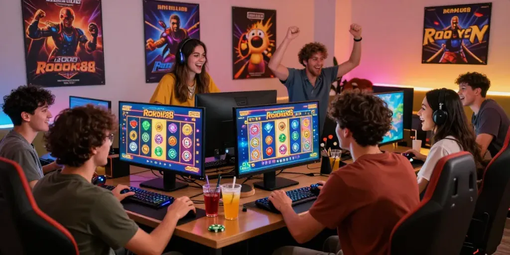 Friends enjoying rokok88 slot game in vibrant gaming room with colorful screens and lively atmosphere.