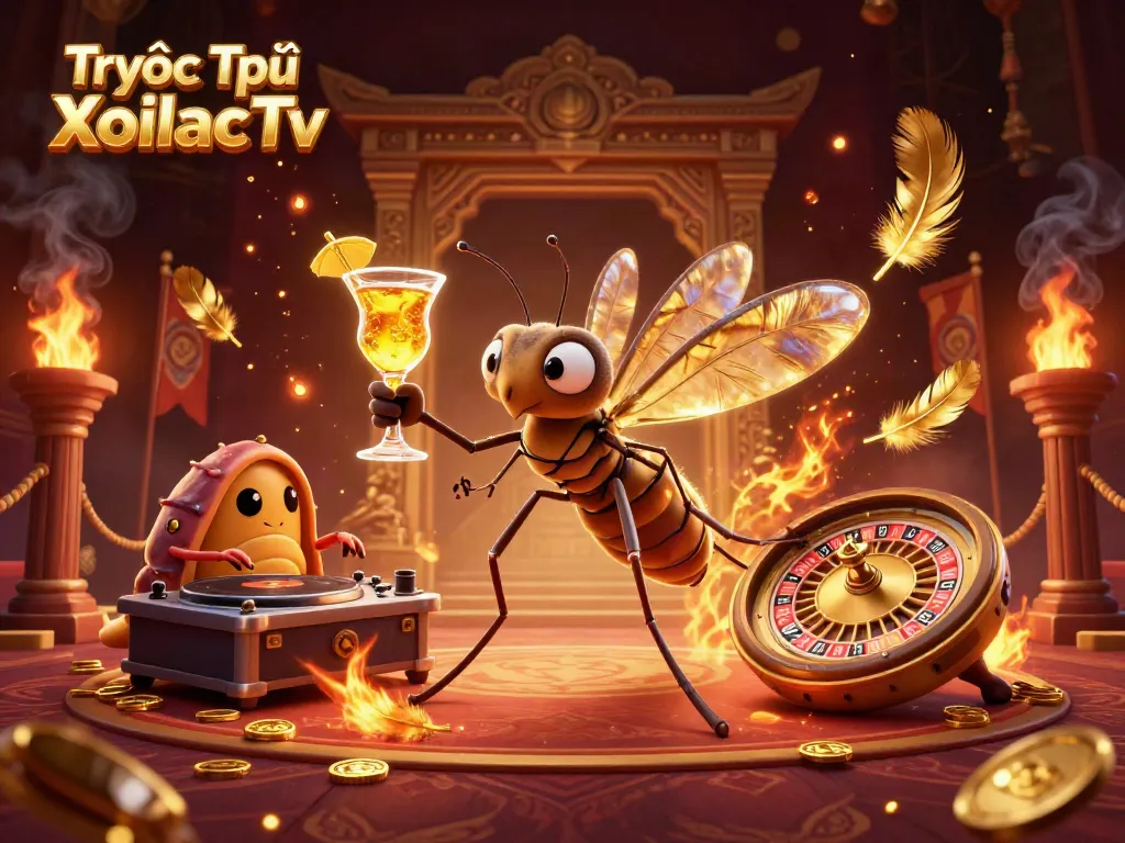 Experience Trực Tiếp XoilacTv with a vibrant 3D casino illustration filled with dynamic gambling elements.