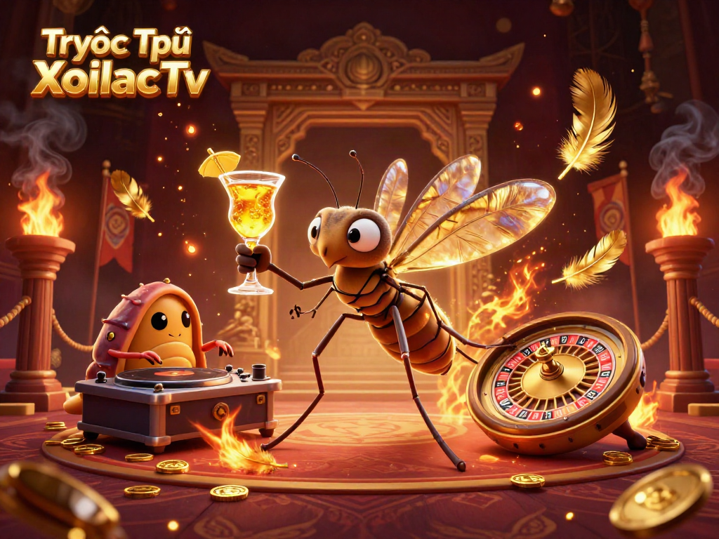 Experience Trực Tiếp XoilacTv with a vibrant 3D casino illustration filled with dynamic gambling elements.