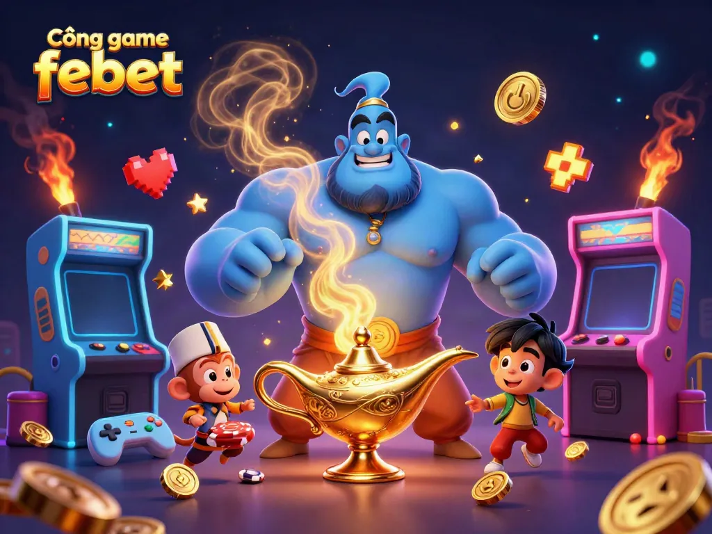 Experience thrilling moments at Cổng game febet with vibrant 3D genie and magical gaming elements.