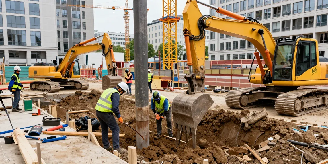 Baugrubensicherung Wien: Bauarbeiter bei der Sicherung einer Baugrube mit modernster Technik in Wien.