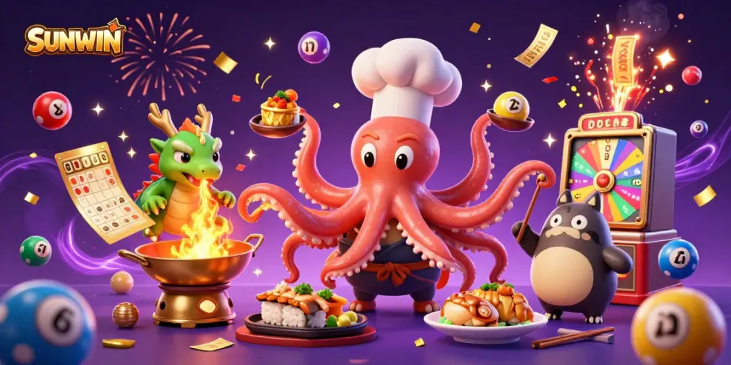 SUNWIN scene featuring a cartoon octopus chef, dragon, and tanuki amidst bouncing lottery balls and confetti.