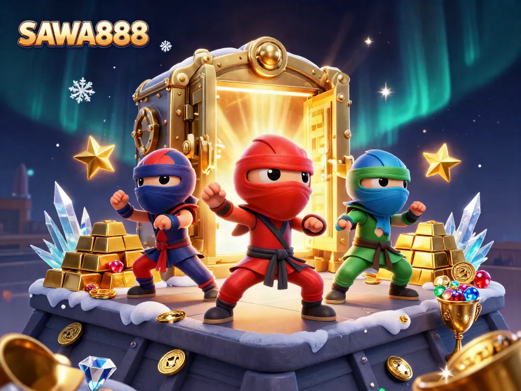 Experience the thrill of SAWA888 with colorful ninja chameleons amid shimmering jackpots and treasures.