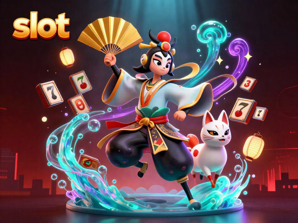 Experience the thrill of slot gaming with a vivid 3D illustration of a kabuki warrior and lucky symbols.