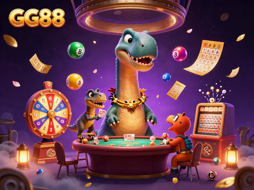 Spin the wheel and win big at GG88 casino with a prehistoric twist in this vibrant scene.