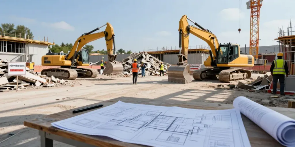 Arbeiter beim Abriss mit Blick auf die Abbruchkosten auf einer Baustelle