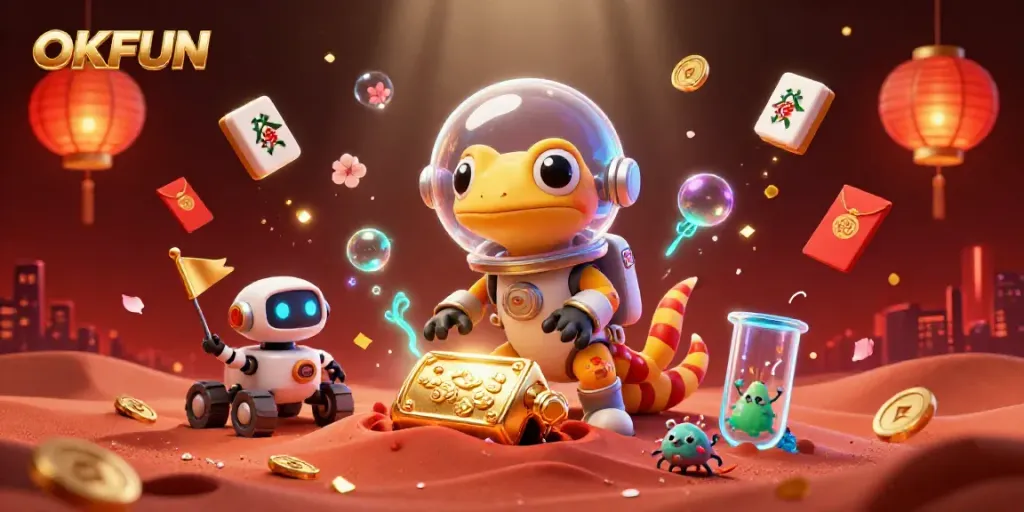 Enter the world of OKFUN, where Martian adventures and exciting casino games collide in this vibrant scene.