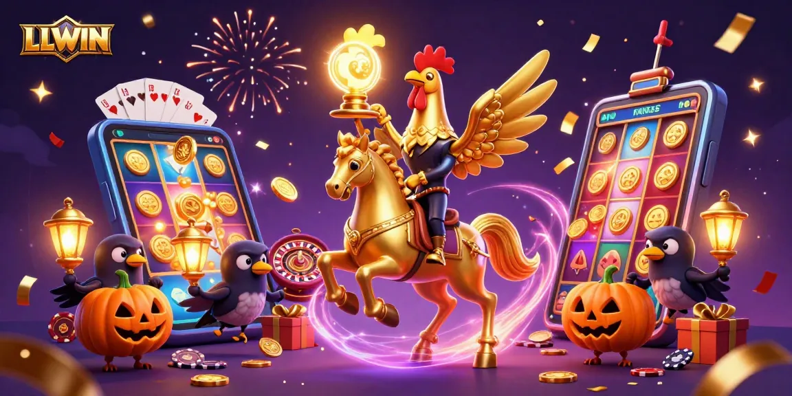 LLWIN captures the excitement of casino gaming with a vibrant illustration of a golden rooster and its spectral horse.