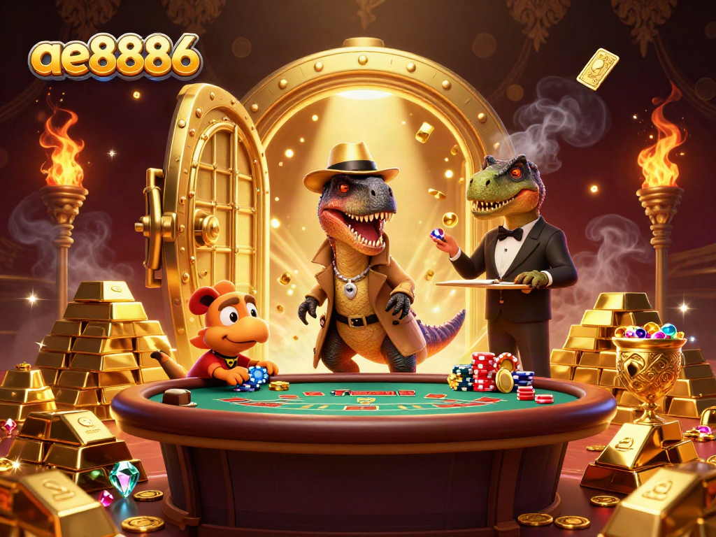Experience the excitement of ae8886 with a cartoon velociraptor playing blackjack amidst jewels and gold.