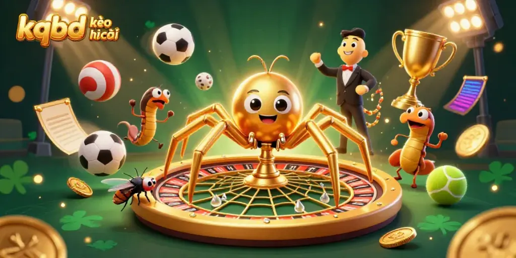 Engage with kqbd kèo nhà cái through a dynamic scene of a golden spider and centipede at a roulette wheel.