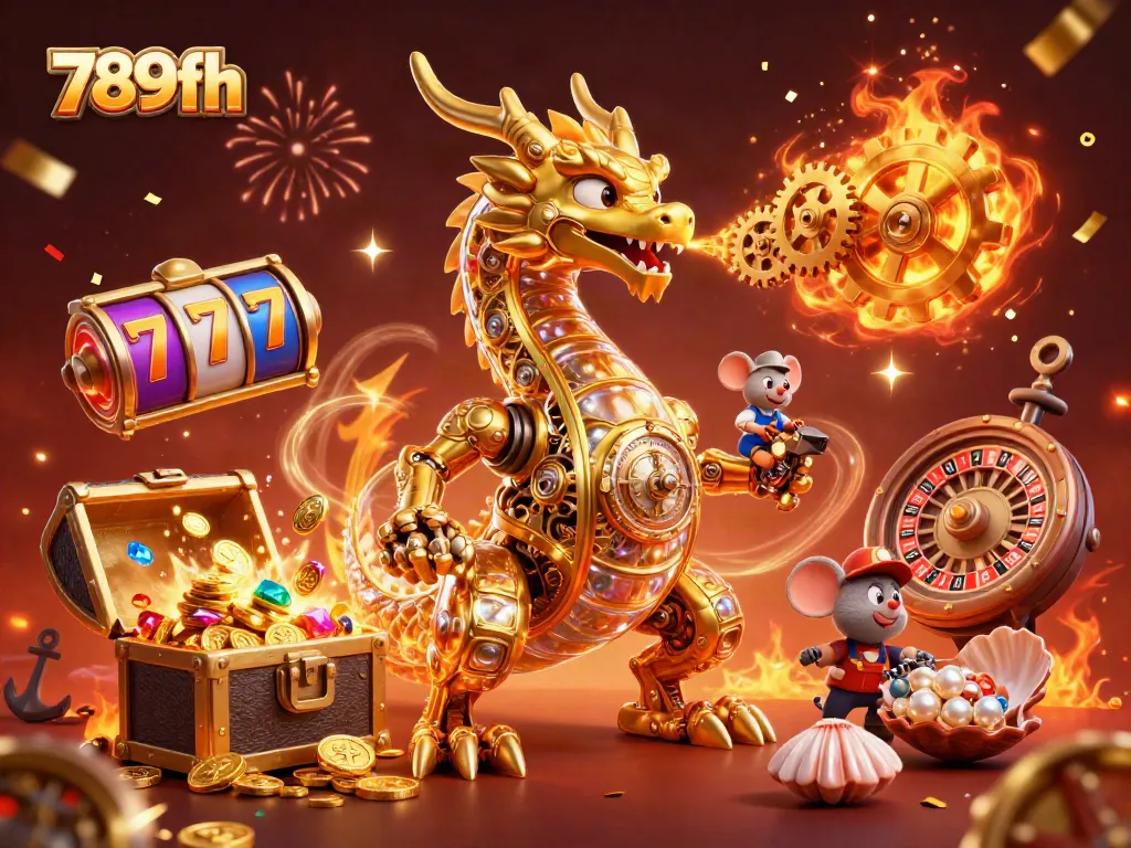 Engage with 789fh's extravagant gaming scene featuring a biomechanical dragon and vibrant casino elements.