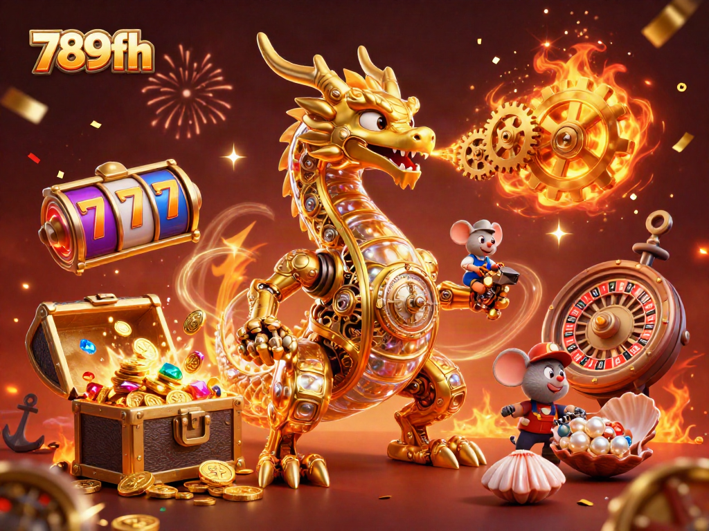 Engage with 789fh's extravagant gaming scene featuring a biomechanical dragon and vibrant casino elements.