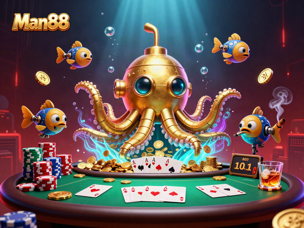 Engage in thrilling action at Man88 with a dynamic scene featuring golden kraken submarine and poker elements.