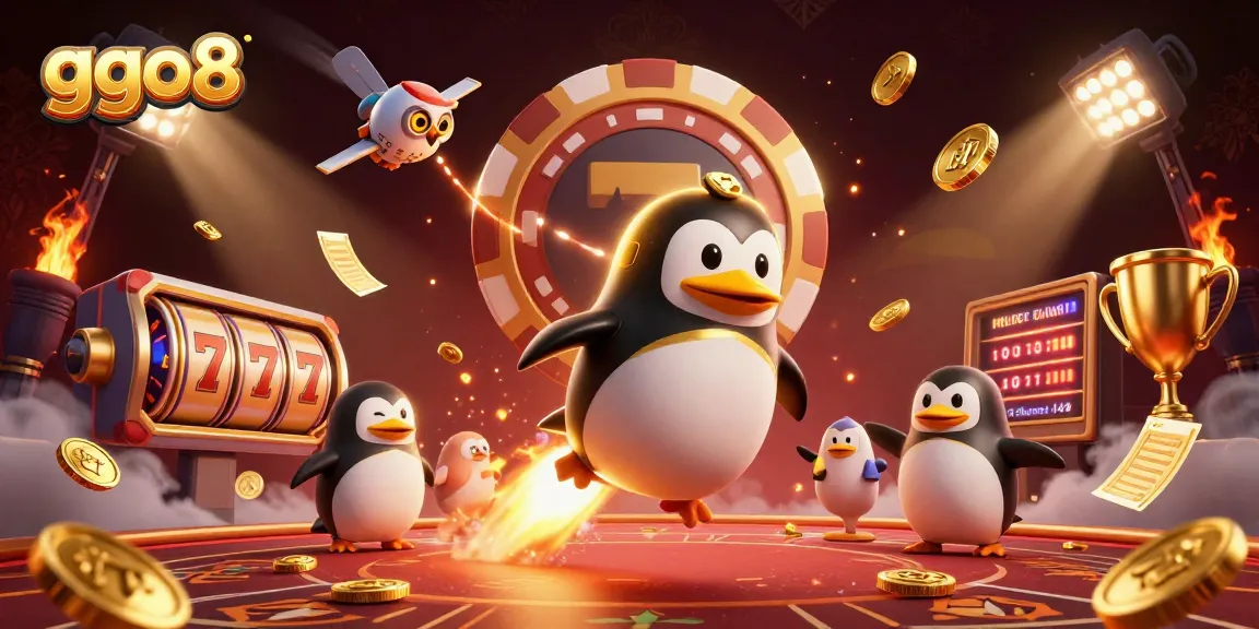 Experience the thrill of ggo8 with a golden penguin racing to a casino station amid dynamic game elements.