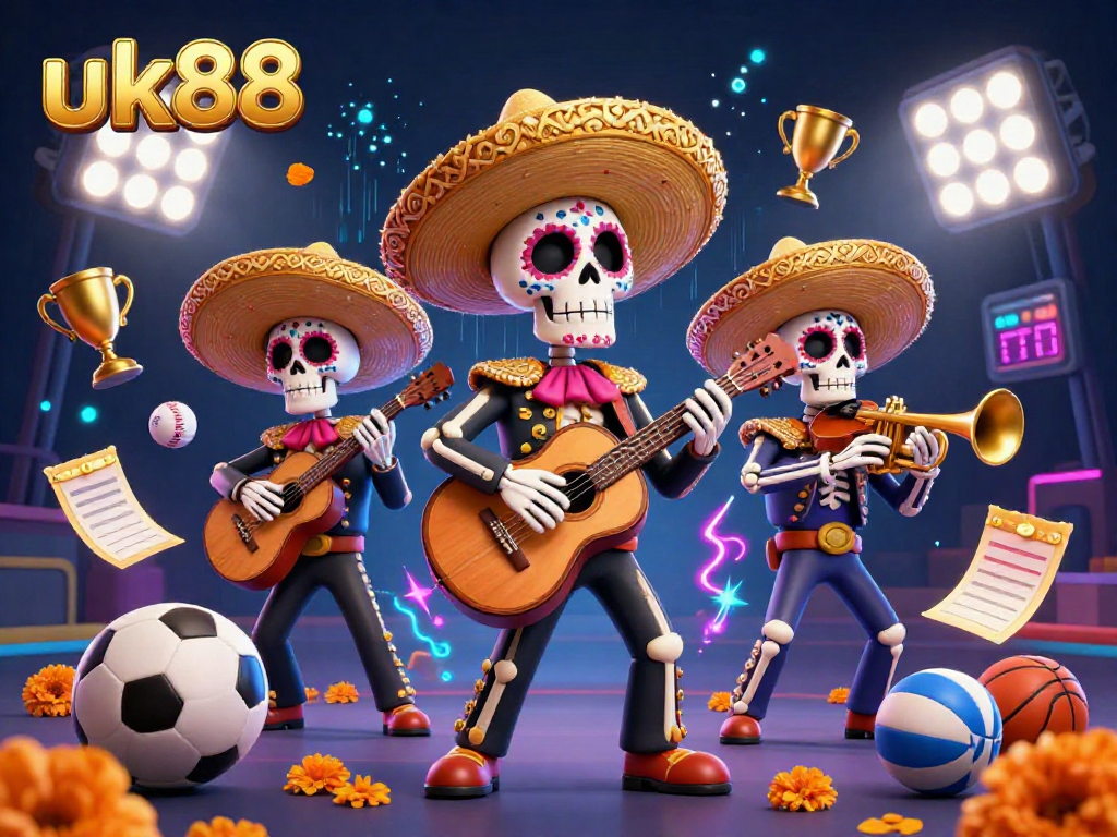 Celebrate thrilling moments with uk88, featuring a vibrant mariachi band amidst dynamic sports elements.