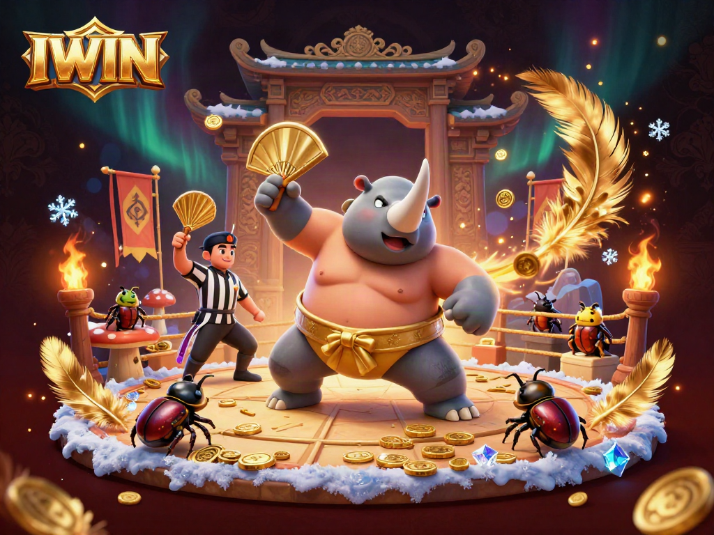 IWIN unleashes thrilling gameplay with a dynamic cartoon casino match featuring champion beetles and shimmering coins.