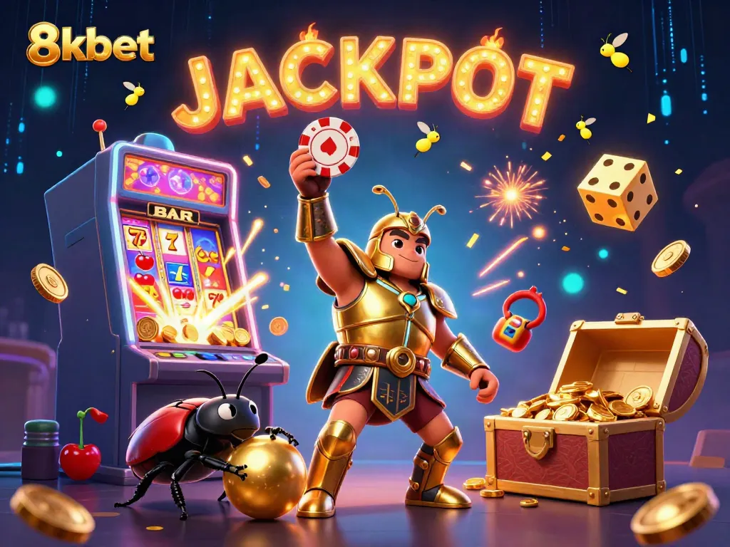 Experience the excitement of winning at 8kbet with vibrant illustrations of casino games and a joyful victory pose.