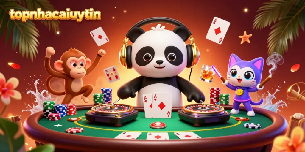 Experience thrilling action at topnhacaiuytin with a vibrant 3D cartoon casino scene featuring a DJ panda, breakdancing monkey, and glow-stick kitten.
