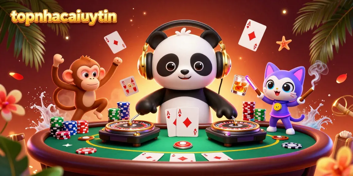Experience thrilling action at topnhacaiuytin with a vibrant 3D cartoon casino scene featuring a DJ panda, breakdancing monkey, and glow-stick kitten.