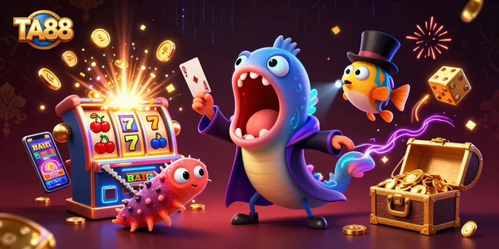 Experience TA88's thrilling magic casino scene with an anglerfish spotlighting epic card tricks.