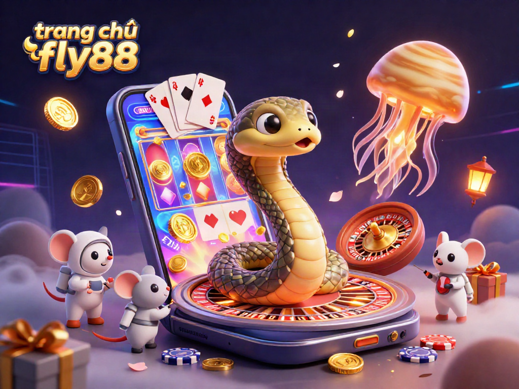 Engage with trang chủ fly88 through a vibrant scene of animated casino excitement featuring unique characters and games.