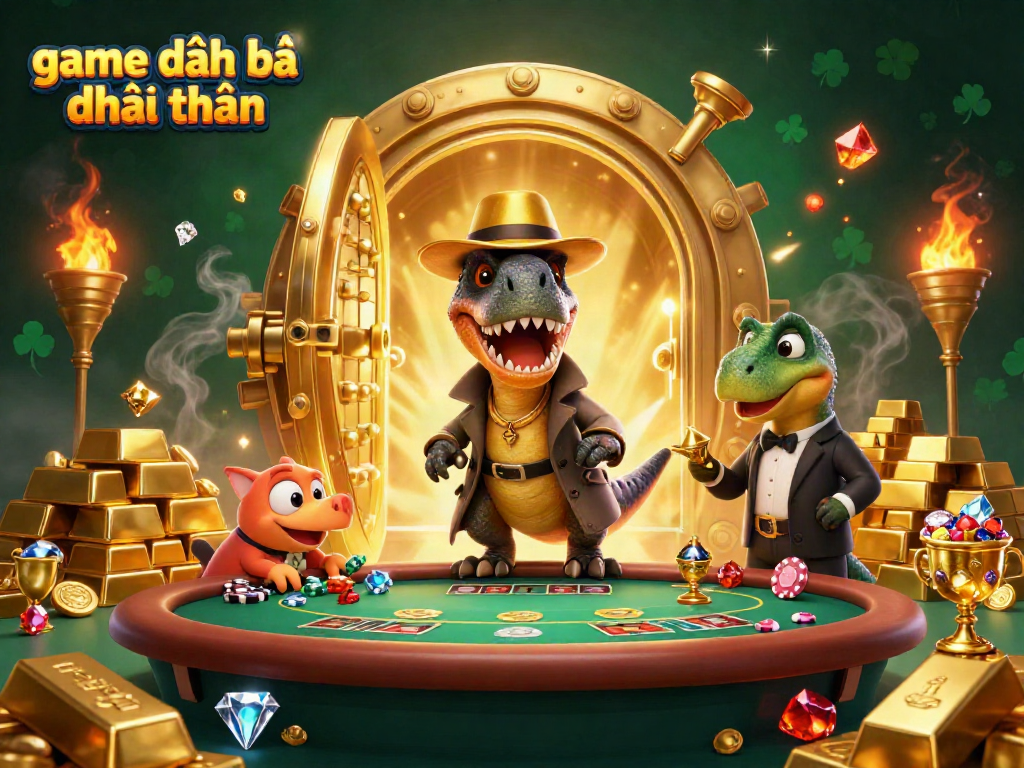 Experience the thrills of game đánh bài đổi thưởng with a dynamic scene featuring playful dinosaurs at a casino table.
