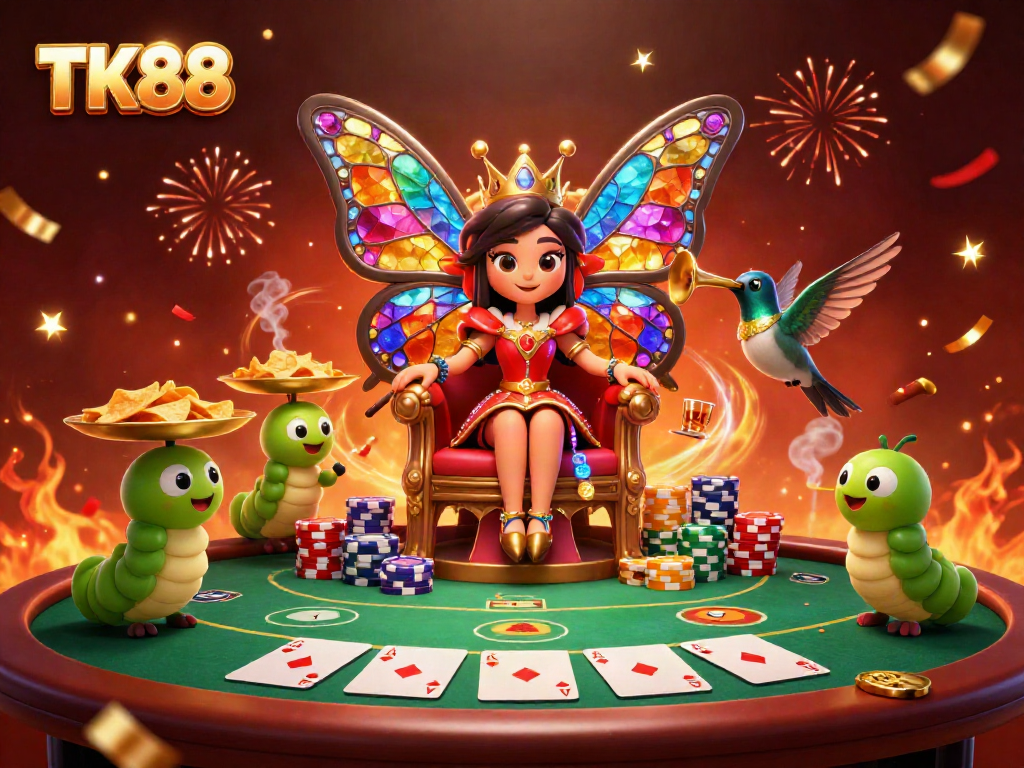 Engage with TK88's vibrant casino atmosphere featuring a butterfly queen surrounded by poker elements.