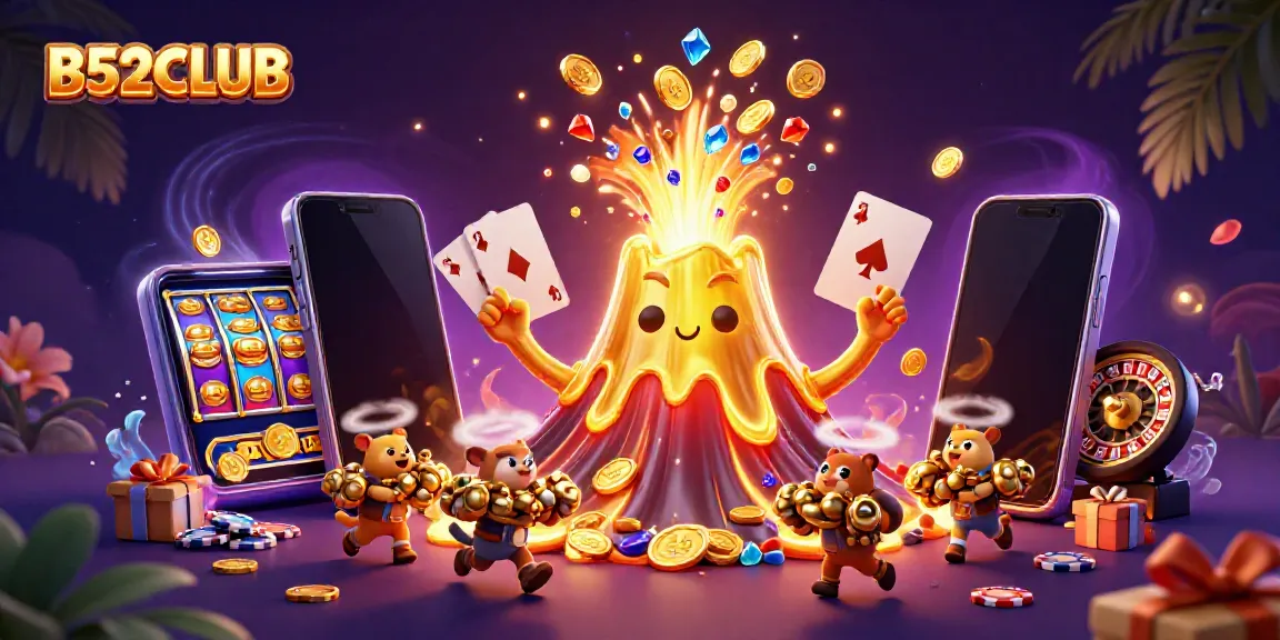 B52CLUB's vibrant scene with a gold volcano, treasure animals, and dynamic slot and card games.