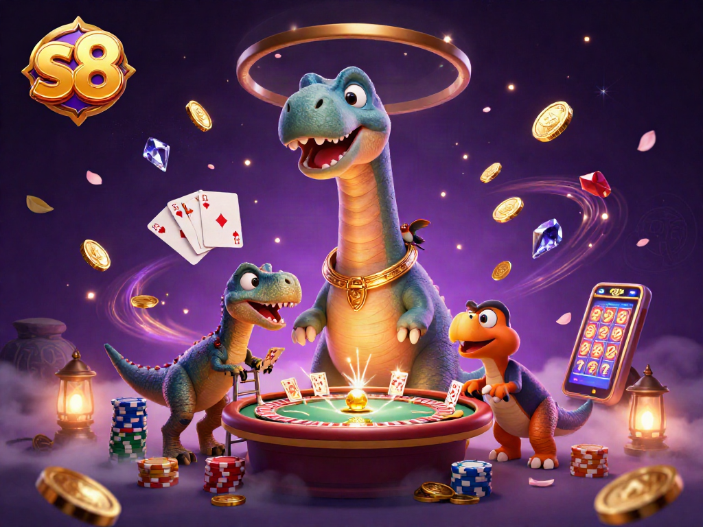 Experience thrilling moments at s8 casino with a giant brontosaurus dealer and exciting card games.