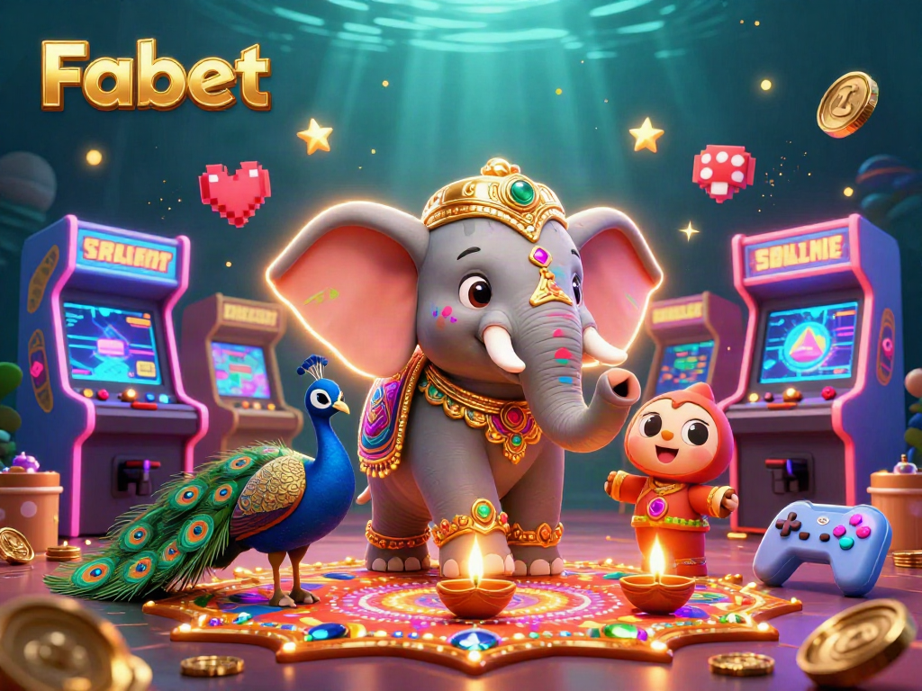 Experience excitement with Fabet's colorful gaming scene featuring a vibrant cartoon elephant and peacock.