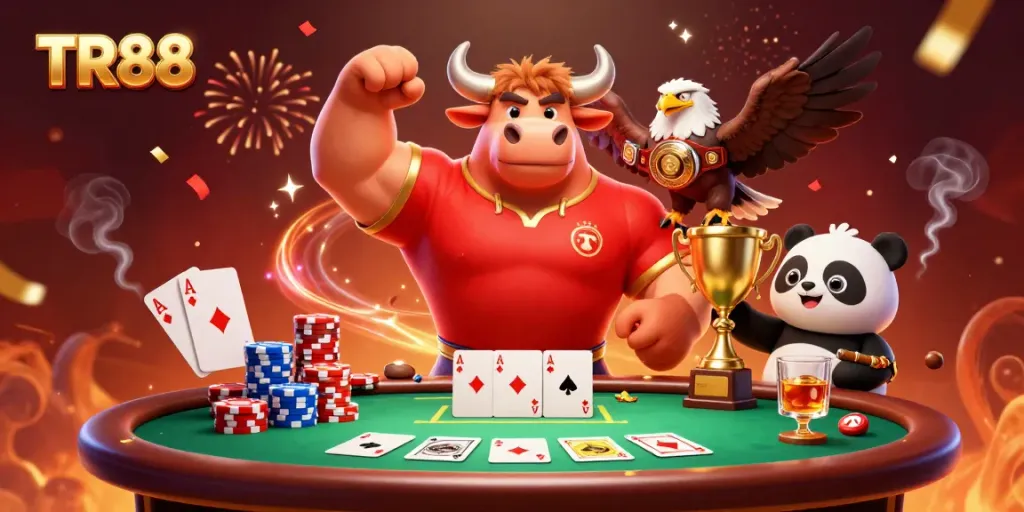 TR88 celebrates victory with a muscular bull, eagle, and panda amidst poker chips and cards in a vibrant casino scene.