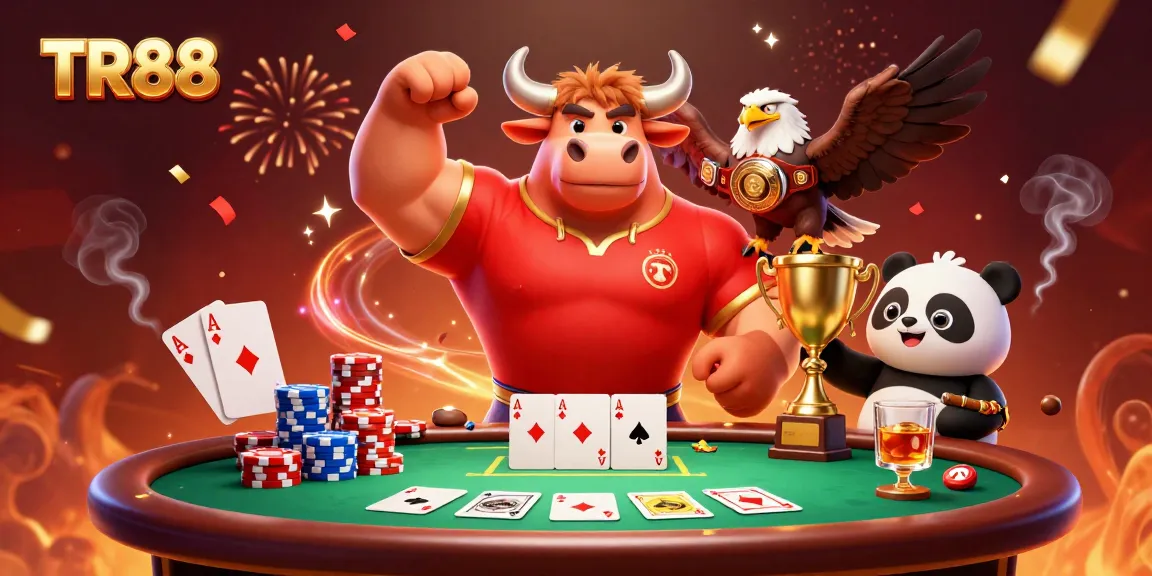 TR88 celebrates victory with a muscular bull, eagle, and panda amidst poker chips and cards in a vibrant casino scene.