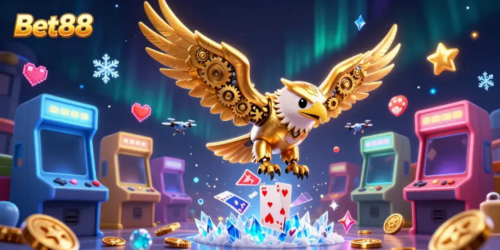 Experience excitement at Bet88 with dynamic casino elements and a vibrant 3D gaming illustration.