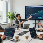 Investors strategizing the best ways to buy in BRICS crypto in a modern conference setting.
