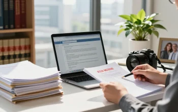 Rote Ausschreibung löschen - Jurist bei der Analyse von Dokumenten in einem modernen Büro.