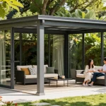 Freistehende Terrassenüberdachung in einem schönen Garten mit einem Paar, das entspannt Kaffee genießt.