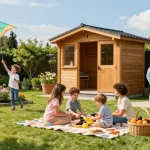Blühendes Gartenhaus in einem einladenden Garten mit Familie beim Picknick, die den Außenbereich genießen.