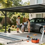 Carport Montage mit Handwerker, der Installation leitet und einen Familienwagen unter dem neuen Carport zeigt.