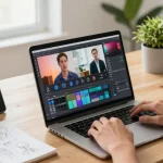 Bild-zu-Video Anwendung in einem modernen digitalen Arbeitsbereich mit kreativen Elementen.