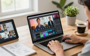 Bild-zu-Video Anwendung in einem modernen digitalen Arbeitsbereich mit kreativen Elementen.