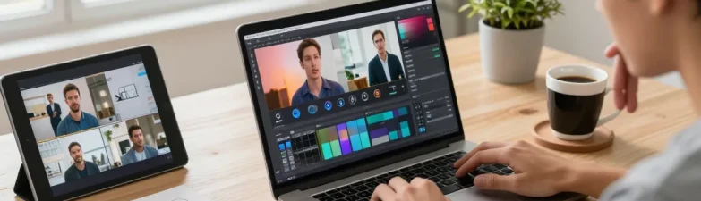 Bild-zu-Video Anwendung in einem modernen digitalen Arbeitsbereich mit kreativen Elementen.