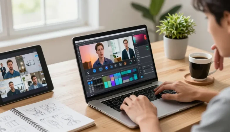 Bild-zu-Video Anwendung in einem modernen digitalen Arbeitsbereich mit kreativen Elementen.