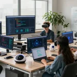 Build internal tools with AI in a modern workspace filled with collaboration, technology, and innovation.