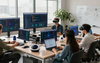 Build internal tools with AI in a modern workspace filled with collaboration, technology, and innovation.