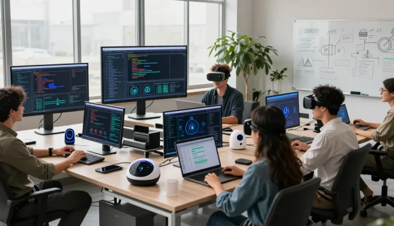 Build internal tools with AI in a modern workspace filled with collaboration, technology, and innovation.