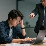 Eine stressige Bürosituation, chef mobbt mich, Mitarbeiter unter Druck am Laptop.