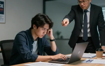 Eine stressige Bürosituation, chef mobbt mich, Mitarbeiter unter Druck am Laptop.